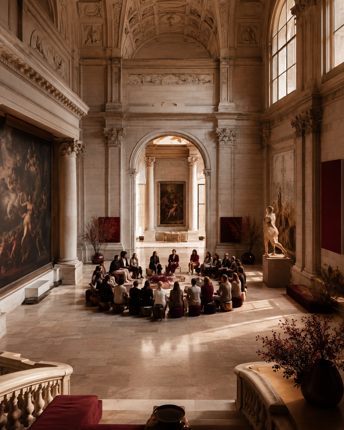 A discussion circle gathered in a museum gallery